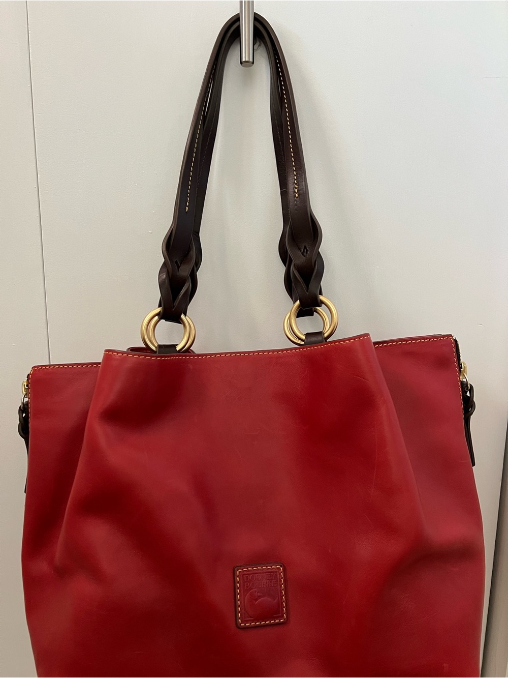 Dooney & Bourke Red Leather Tote with Braided Dark Brown Handles